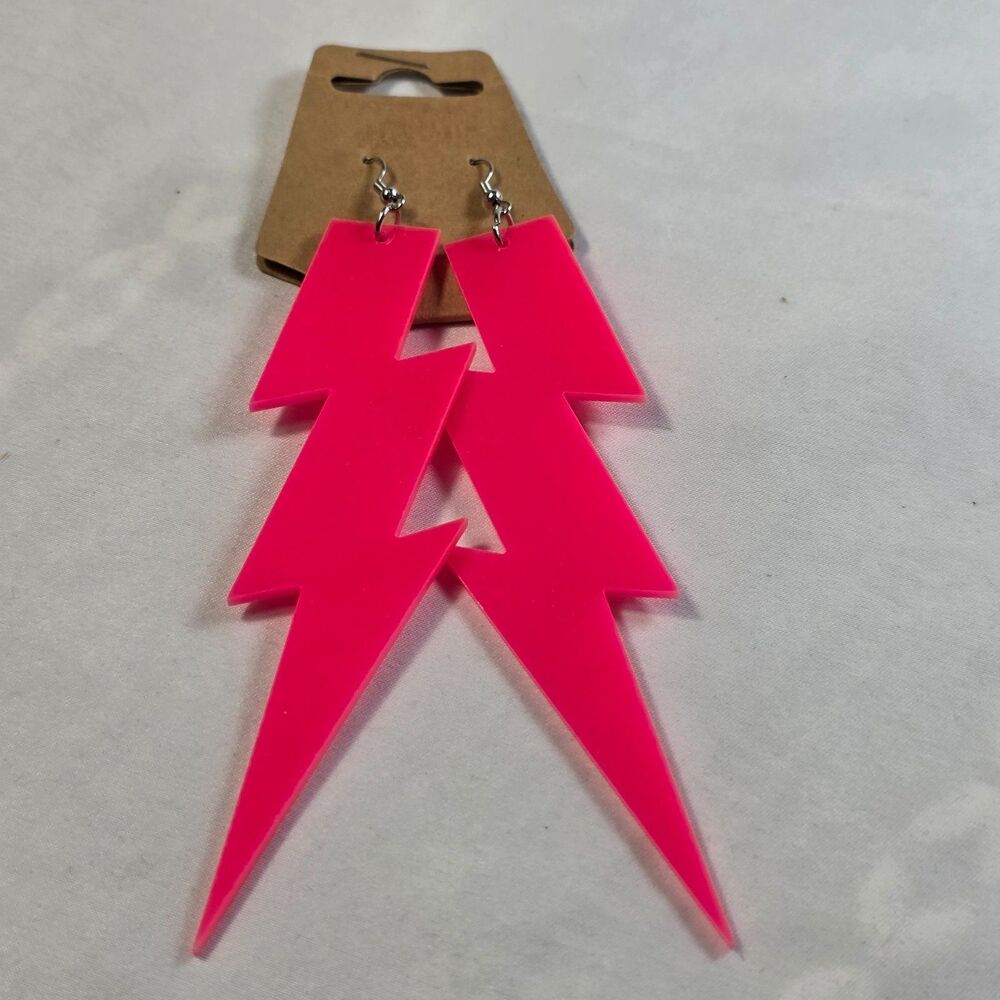 Neon Pink Lightning Bolt Acrylic Earrings Large Retro 80s Statement Dangle Hook